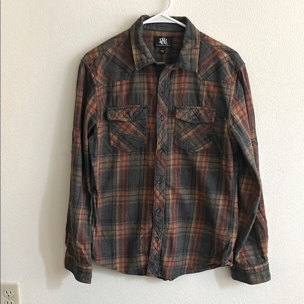Gray Orange  Cotton Flannel  Casual Button Down Button Pockets Shirt..M